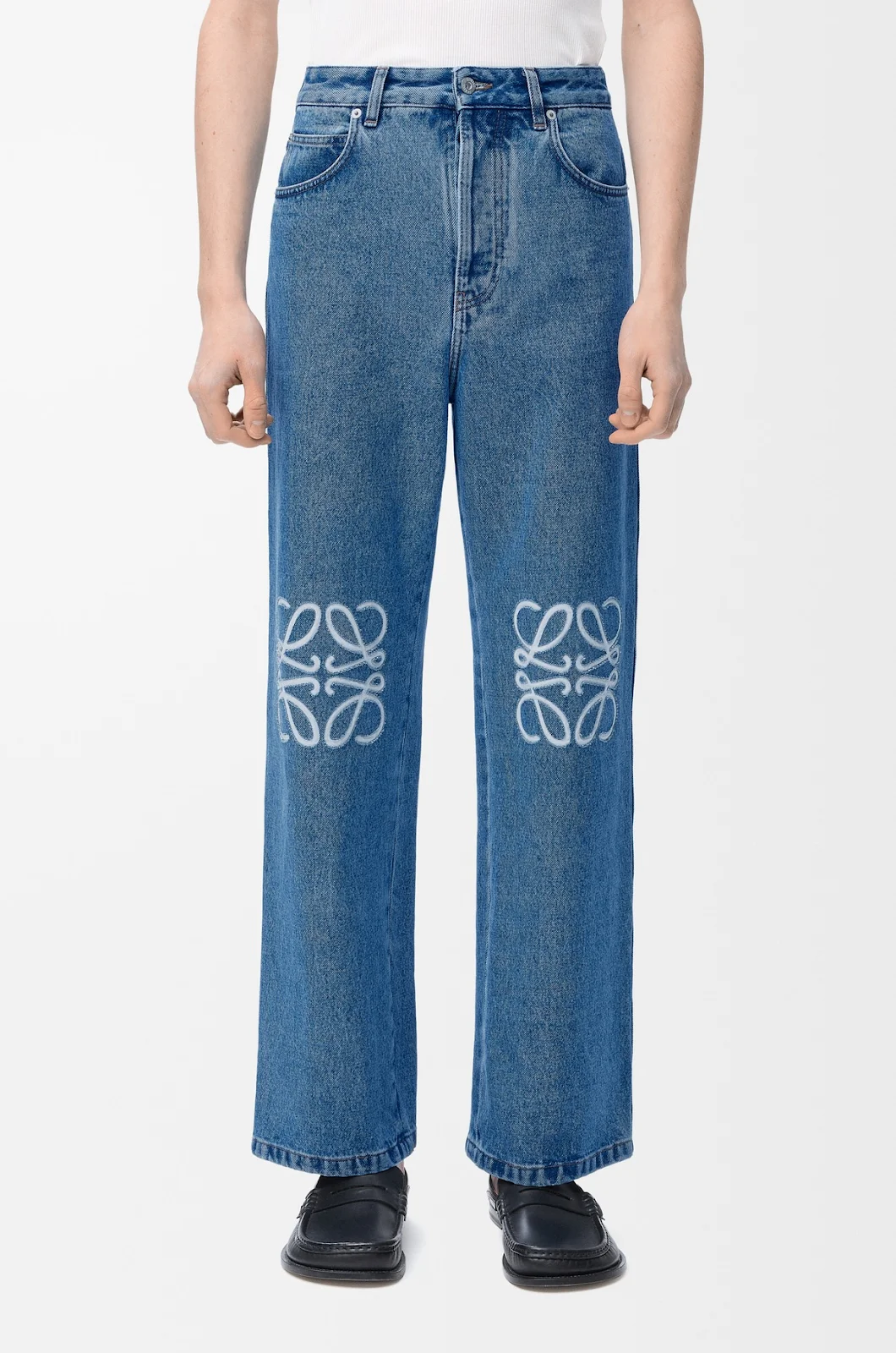 Loewe Anagram baggy jeans paired with traditional Thai silk shawl