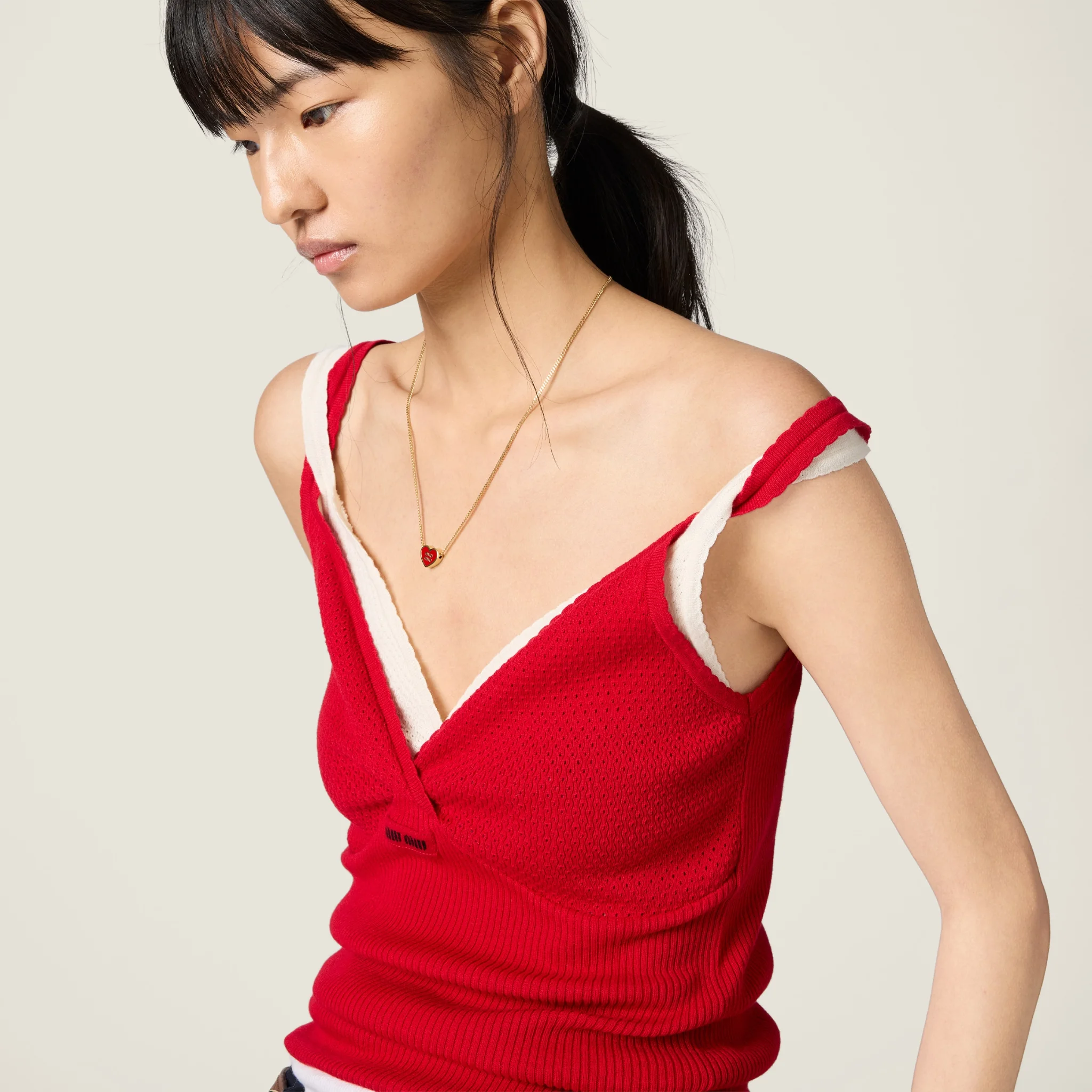 Miu Miu red heart necklace with gold logo luxury design